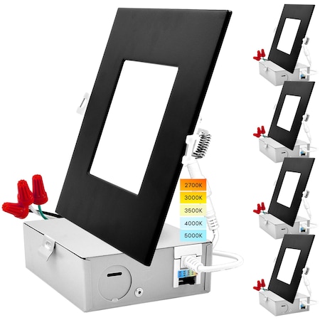 Luxrite 6" Square Ultra Thin LED Recessed Downlights 5 CCT 2700K-5000K 12W 1000LM Dimmable Black 4-Pack LR23764 LR23779-4PK